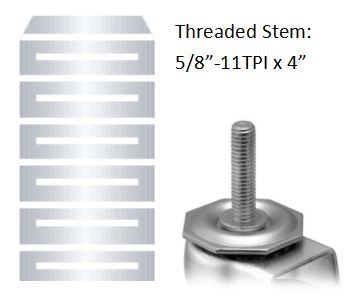 (image for) Caster; Swivel; 4" x 1-1/4"; Thermoplastized Rubber (Gray); Threaded Stem (5/8"-11TPI x4"); Stainless Steel; Delrin Spanner; 250#; Total Lock (Item #66381)