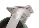 (image for) Caster; Swivel; 6" x 2"; Cast Iron; Plate (4"x4-1/2"; holes: 2-5/8"x3-5/8" slots to 3"x3"; 3/8" bolt); Roller Brng; 1250#; Kingpinless; Face brake; 4-Pos Lock (Item #63059)
