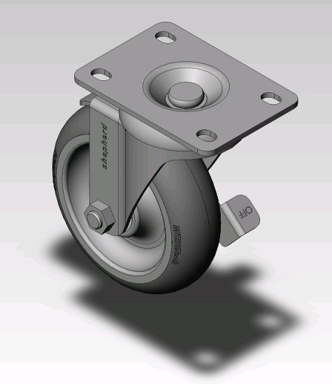 (image for) Caster; Swivel; 4 x 1-1/4; Monoprene (Donut); Top Plate (2-5/8x3-3/4; holes: 1-3/4x2-3/4 slotted to 3; 5/16 bolt); Zinc; Precision Ball Brng; 250#; Tread brake (Item #66628)