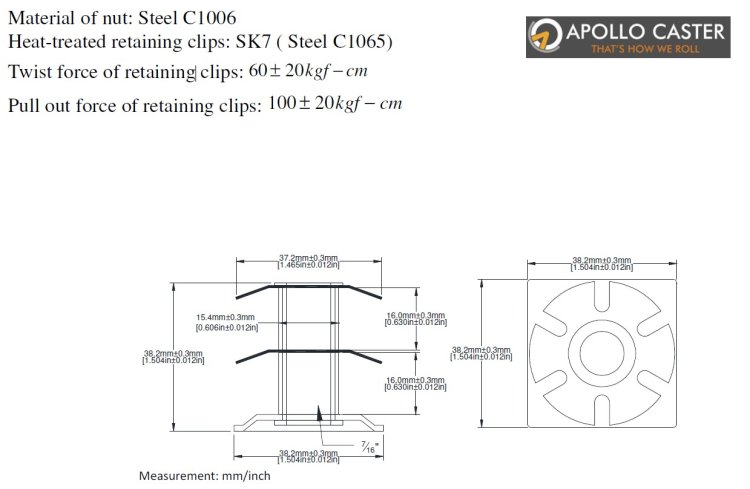 (image for) Socket; Grip Ring; 1.46"; Fits in 1-3/8 ID Square Tubing; Spring Retention; Fits 7/16" GR stems to 1-7/16". Base is 1.5" square. (Item #87896)