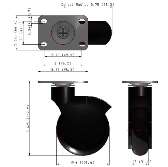 (image for) Caster; Swivel; 4 x 1-1/4; Neoprene Rubber (Black); Plate (2-5/8"x3-3/4"; holes:1-3/4"x2-3/4" slotted to 3"); Black Finish; Prec Ball Brng; 225#; Thread guards (Item #65387)