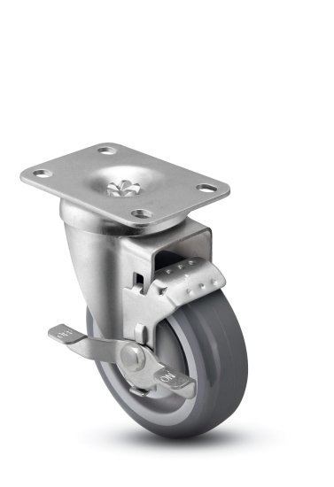 (image for) Caster; Swivel; 6" x 1-1/4"; PolyU on PolyO (Gr/B); Plt (3-1/8"x4-1/8": holes: 1-3/4"x2-15/16" slots to 2-3/8"x3-3/8"; 3/8" bolt); Prec BB; 350#; Dustcap; Brake (Item #63381)