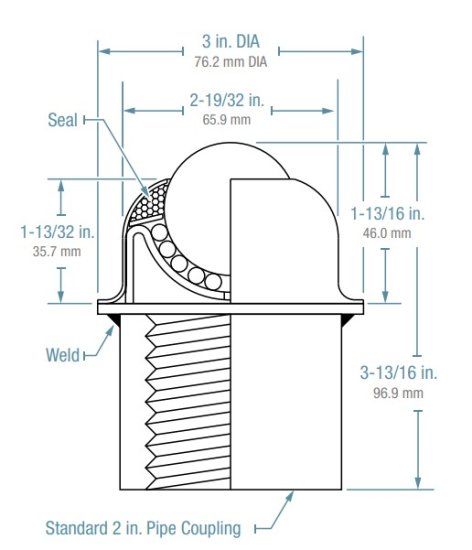 (image for) Ball Transfer; Pipe Mount; 1-1/2"; Carbon Steel ball; Welded to Carbon steel 2" pipe coupling; 250#; 1-13/16" ball transfer load height (Item #87677)