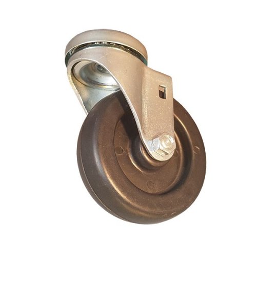 (image for) Caster; Swivel; 4" x 1-1/4"; Polyolefin; Hollow Kingpin (1/2" bolt hole); Zinc; Delrin Spanner; 350#; Pedal Brake (Item #66006)