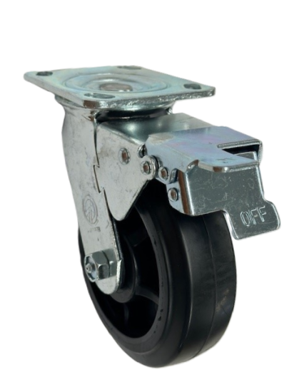 (image for) Caster; Swivel; 4" x 2"; Rubber on Nylon; Plate (4"x4-1/2"; holes: 2-5/8"x3-5/8" slotted to 3"x3"; 3/8" bolt); Zinc; Roller Brng; 400#; Total Lock (Trailing) (Item #64608)