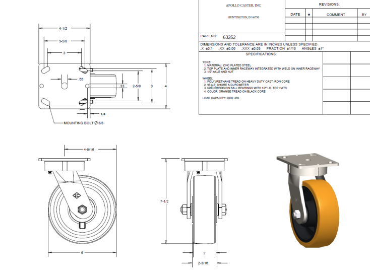 (image for) Caster; Swivel; 6" x 2"; PolyU (1/2"; 95A) on Cast; Plate (4"x4-1/2"; holes: 2-5/8"x3-5/8" slots to 3"x3"; 3/8" bolt); 6203 Prec Ball Brngs; 2000#; Kingpinless (Item #63252)