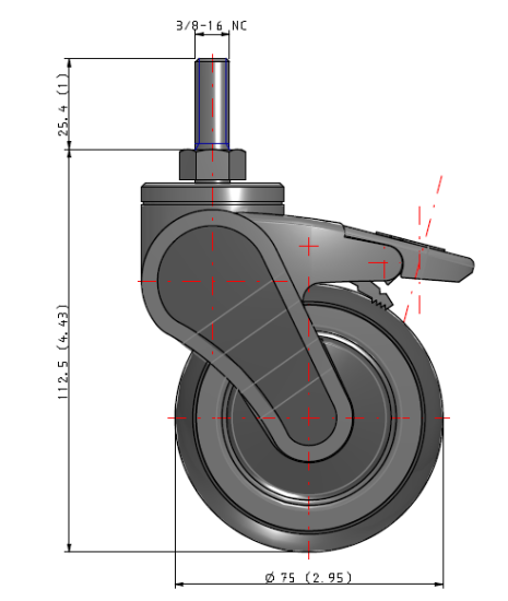 (image for) Caster; Swivel; 3" x 1"; Thermoplastized Rubber (Gray); Threaded Stem (3/8"-16TPI x 1"); Plastic/ Nylon; Prec Ball Brng (Single); 175#; Pedal Brake (Item #63908)