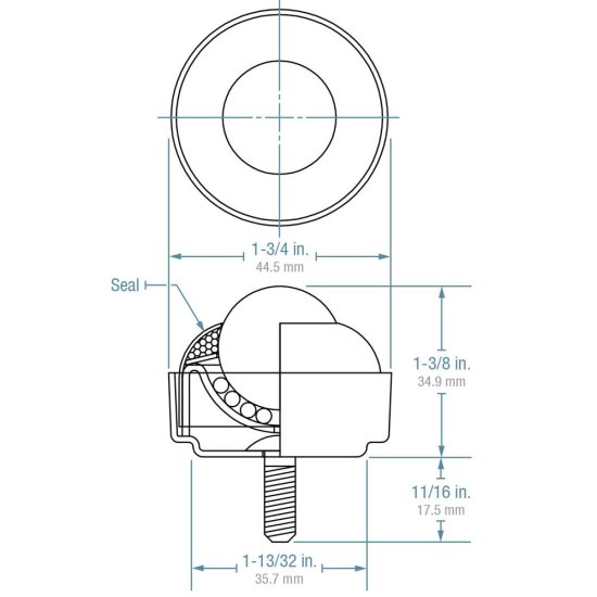 (image for) Ball Transfer; 1"; Carbon Steel ball; Threaded Stud; 1/4"-20TPI x 11/16"; Zinc-plated housing and stud; 75#; 1-3/8" load height; High Temp (400F; no seal or oil (Item #88223)