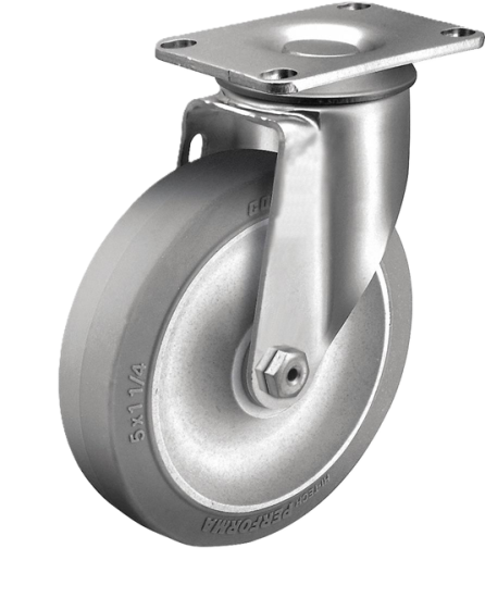 (image for) Caster; Swivel; 5" x 1-1/4"; Rubber on Alum; Plate; 2-1/2"x3-5/8"; holes: 1-3/4"x2-7/8" (slots to 3"); 5/16" bolt; Zinc; Prec Brng; Wgt Cap: 250# (Item #69881)