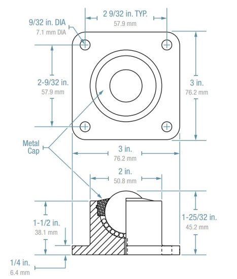 (image for) Ball Transfer; 1-3/16" Ball; Stainless Steel ball and housing; Flange: 3"x3"; holes: 2-7/16"x2-7/16"; 1/4" bolt; 750#; 2" load height; Steel Support Cup; (Item #87740)