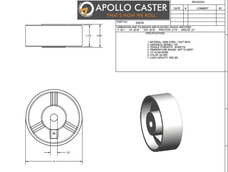 (image for) Wheel; 4" x 1-1/2"; Cast Iron; Plain bore; 1/2" Bore; 1-5/8" Hub Length; 600# (Item #89039)