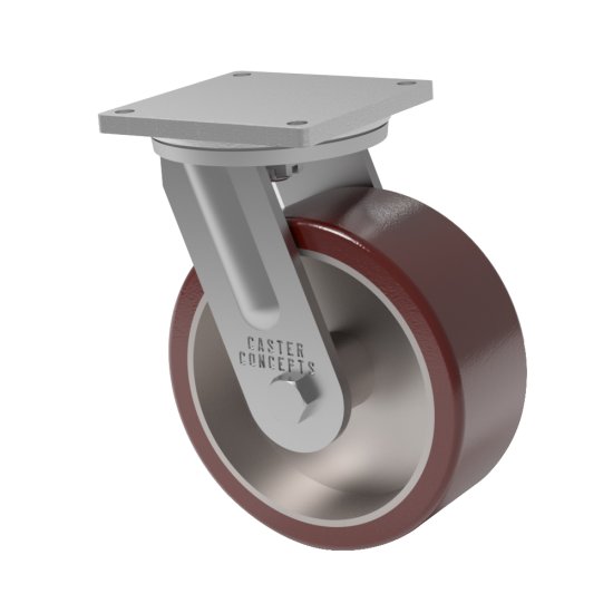 (image for) Caster; Swivel; 12"x5"; PolyU on Cast (Red); Plate (8-1/2"x8-1/2"; holes: 7"x7"; 5/8" bolt); Zinc; Roller Brng; 6250#; Position Lock (4-way); PolyCam Brake (Item #66927)