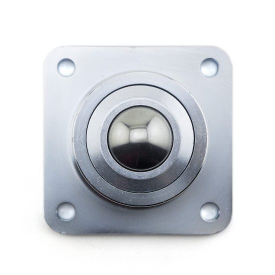 (image for) Ball Transfer; 1-3/16" Ball; Stainless Steel ball and housing; Flange: 3"x3"; holes: 2-7/16"x2-7/16"; 1/4" bolt; 750#; 2" load height; Steel Support Cup; (Item #87740)