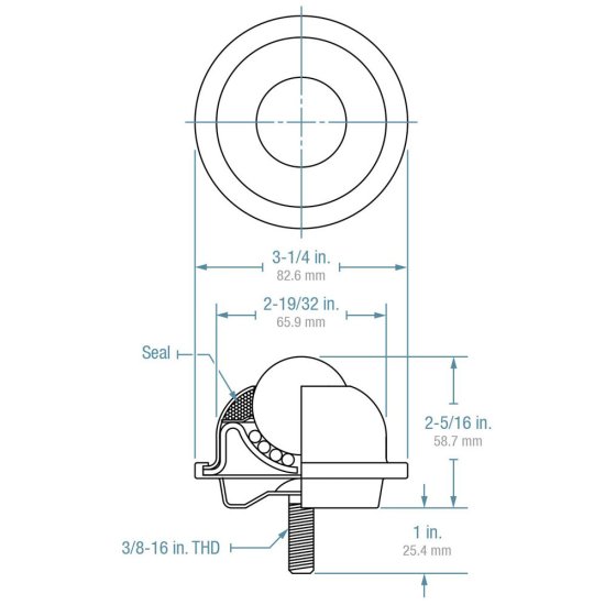 (image for) Ball Transfer; 1-1/2" Steel ball; Threaded Stud; 3/8"-16TPI x 1"; Zinc-plated steel housing/ stud; 250#; 2-5/16" load height; Hi-temp (400 deg; no seal or oil) (Item #89240)