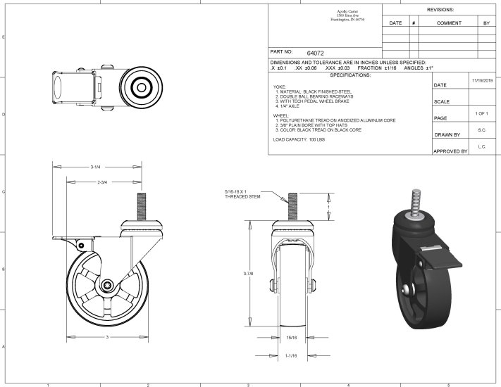 (image for) Caster; Swivel; 3" x 7/8"; PolyU on Anodized Aluminum; Threaded Stem (5/16"-18TPI x 1"); Black; Plain bore; 100#; Pedal Brake; Vintage Style (Item #64072)