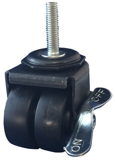 (image for) Caster; Dual Wheel; Swivel; 2" x 7/8" (x2); Rubber (Non-marking); Threaded Stem (3/8"-16TPI x 1-1/2"); Black Rig; Plain bore; 225#; Side Friction Brake (Item #65735)