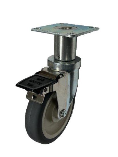 (image for) Leveling Caster; Swivel; 5"x1-1/4"; PolyU on PolyO; Plate (2-3/8"x3-5/8"; holes: 1-3/4x2-7/8 slots to 3; 5/16 bolt); 250#; Load height: 8.19" - 8.94"; Pedal Brk (Item #66946)