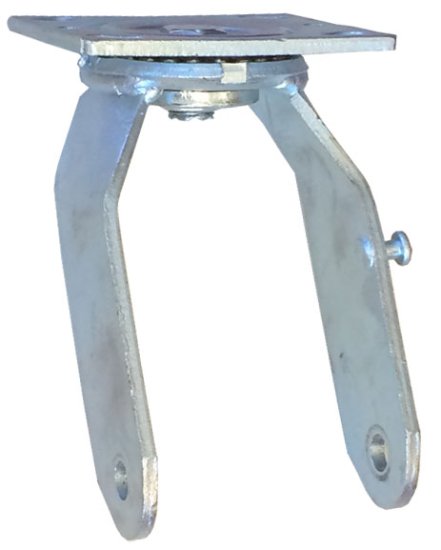 (image for) Yoke, Axle & Nut; Swivel; 8" x 3"; Top Plate (4"x4-1/2": holes: 2-5/8"x3-5/8" slotted to 3"x3"; 3/8" bolt); Zinc; 1/2" Bore; 3-1/4" Hub Length; 250# (Item #88660)