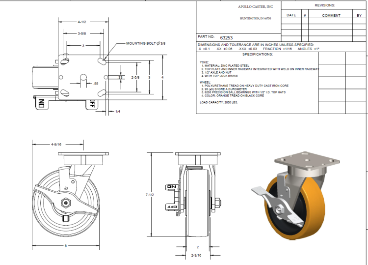 (image for) Caster; Swivel; 6" x 2"; PolyU (1/2"; 95A) on Cast; Plate (4"x4-1/2"; holes: 2-5/8"x3-5/8" slots to 3"x3"; 3/8" bolt); 6203 Prec BBs; 2000#; Kingpinless; Brake (Item #63253)