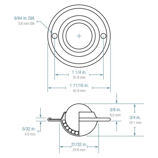 (image for) Ball Transfer; Low Profile; 5/8" Stainless Steel ball; Flange (1-11/16" diameter; two 1/8" holes: 1-1/4" apart); Carbon Steel flange; 20#; 3/8" profile (Item #88816)