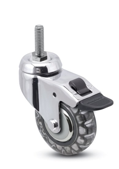 (image for) Caster; Swivel; 3" x 15/16"; Polyurethane (Clear); Threaded Stem (5/16"-18TPI x 1"); Chrome; Prec Ball Brng (Dual); 120#; Thread Guards; Hood; Pedal Brake (Item #63858)