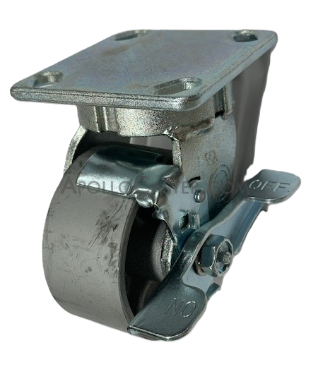 (image for) Caster; Swivel; 4" x 2"; Cast Iron; Plate (4"x4-1/2"; holes: 2-5/8"x3-5/8" slots to 3"x3"; 3/8" bolt); Zinc; Roller Brng; 1000#; Kingpinless; Tread brake (Item #68750)