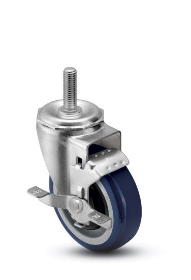 (image for) Caster; Swivel; 5" x 1-1/4"; PolyU on PolyO (Blue); Threaded Stem (3/4"-10TPI x 1-3/4"); Zinc; Ball Brng; 300#; Tread brake; Dust Cover (Mtl); Thread guards (Item #65898)