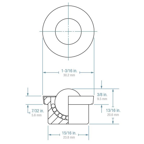 (image for) Ball Transfer; 5/8 in Stainless Steel ball; Round drop-in Base; 15/16 diam x 7/16 deep; Carbon Steel housing; 35#; 3/8 load height (Item #89242)