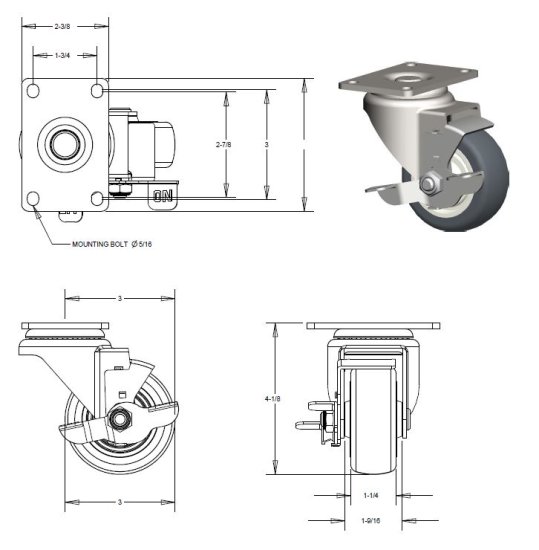 (image for) Caster; Swivel; 3x1-1/4; PolyU on PolyO (Gr/Bg); Top Plate (2-3/8x3-5/8; holes: 1-3/4x2-7/8 slotted to 3; 5/16 bolt); Stainless; Nylon sleeve; 300#; Tread brake (Item #67180)