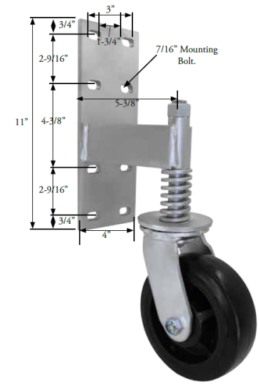 (image for) Spring Loaded Gate Swivel Caster; 6" x 2"; Polyolefin; Bracket (11"x4"; 8 holes 1-3/4" (slotted to 3") x 9-1/2"; 7/16" bolt); Roller Brng; 700#; Tread Brake (Item #65117)