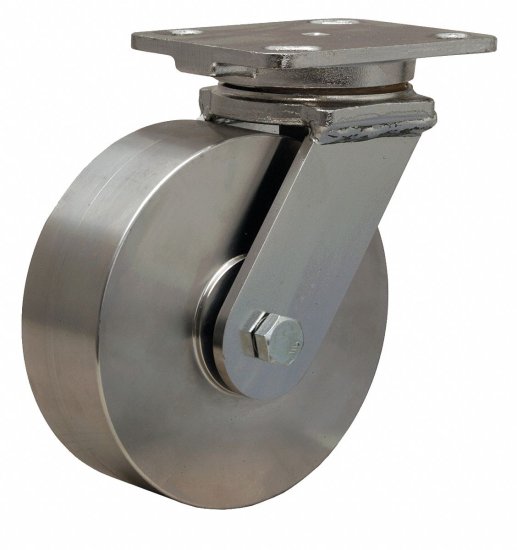 (image for) Caster; Swivel; 4" x 2"; Stainless Steel Yoke, Solid SS Steel and Prec Ball Bearings; Plate (4"x4-1/2"; holes: 2-5/8"x3-5/8" slots to 3"x3"; 3/8" bolt); 1250# (Item #63225)