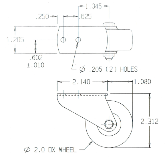 (image for) Side Mount Rigid Caster; 2" x 7/8"; Polyolefin; Offset Plate (1-1/4"x2-1/8": 2 holes: 5/8" apart; 3/16" bolt); 3-1/4" Total Length; Zinc Finish; 100# (Item #64519)