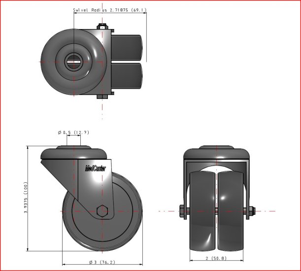 (image for) Caster; Dual Wheel; Swivel; 3" x 1" (2 wheels); Thermoplastized Rubber (Gray); Hollow Kingpin (1/2" bolt hole); Zinc; Prec BB; 220#; Thread guards (Item #65625)