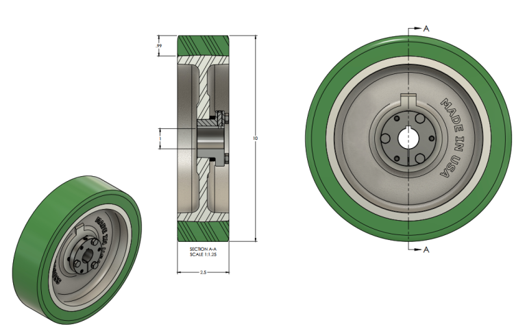 (image for) Drive Wheel; 10" x 2-1/2"; 95A PolyU on Cast Iron; QD Bushing; 1" Bore; 2-1/2" Hub Length; 2000#; USA Made (Item #87213)