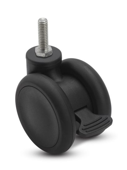 (image for) Caster; Twin Wheel; Swivel; 65mm; Thermoplastized Rubber (Black); Threaded Stem (3/8"-16TPI x 3/4"); Black; Riveted Axle; 110#; Wheel Brake (Item #63464)