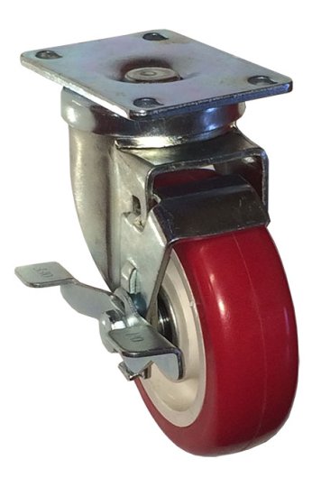 (image for) Caster; Swivel; 5"x1-1/2"; PolyU on PolyO (Red); Plate (4x4-1/2; holes: 2-5/8x3-5/8 slotted to 3x3; 3/8 bolt); Zinc; Roller Brng; 600#; Tread Brake (Item #67001)