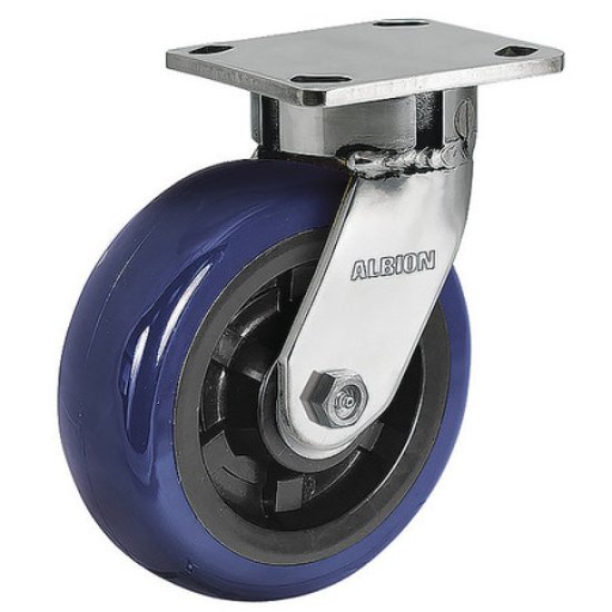 (image for) Caster; Swivel; 5" x 2"; Blue Thermo-Urethane; Plate (4"x4-1/2"; holes: 2-5/8"x3-5/8" slots to 3"x3"; 3/8" bolt); Dual Sealed Prec Ball Brng; 800#; Kingpinless (Item #63587)