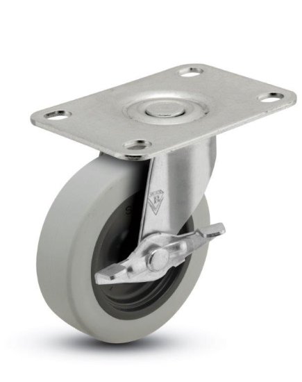 (image for) Caster; Swivel; 2-1/2" x 13/16"; Thermoplastized Rubber (Gray on Blk); Plate (1-3/4"x2-5/8": holes: 1"x2-1/8"; 1/4" bolt); Zinc; 80#; Side frictrion Brake (Item #65561)