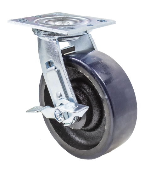 (image for) Caster; Swivel; 4" x 2"; PolyU (Crowned) on Cast; Plate; 4"x4-1/2"; holes: 2-5/8"x3-5/8" (slotted to 3"x3"); 3/8" bolt; Zinc; Roller Brng; 800#; Wheel Brake (Item #63007)