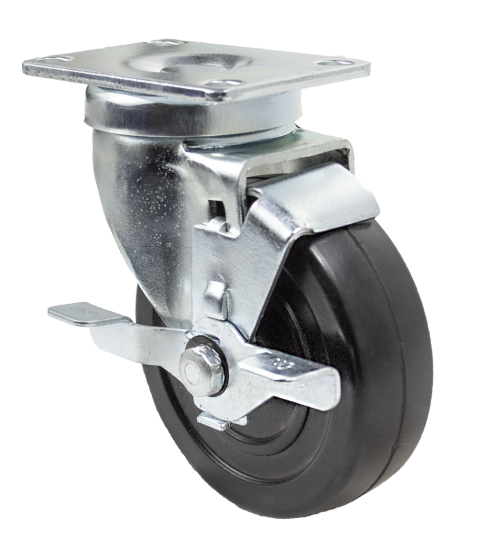 (image for) Caster; Swivel; 5" x 1-1/4"; Rubber (Hard); Top Plate (2-1/2"x3-5/8"; holes: 1-3/4"x2-7/8" slotted to 3"; 5/16" bolt); Zinc; Ball Brng; 280#; Tread brake (Item #65718)