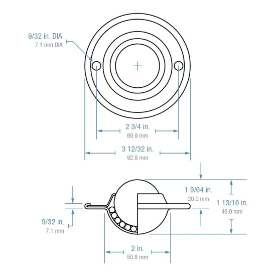 (image for) Ball Transfer; Low Profile; 1-1/2" Nylon ball; Flange (3-11/16" diameter: two 1/4" holes: 2-3/4" apart); Steel housing; 200#; 1-1/8" inch profile (Item #88818)