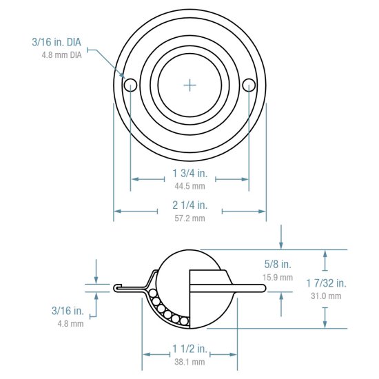 (image for) Ball Transfer; 1"; Nylon Ball; Flange; Round (2-1/4" diameter: two holes: 1-3/4" apart); Carbon Steel housing; 75#; Load height: 5/8"; Recessed depth 5/8" (Item #88854)