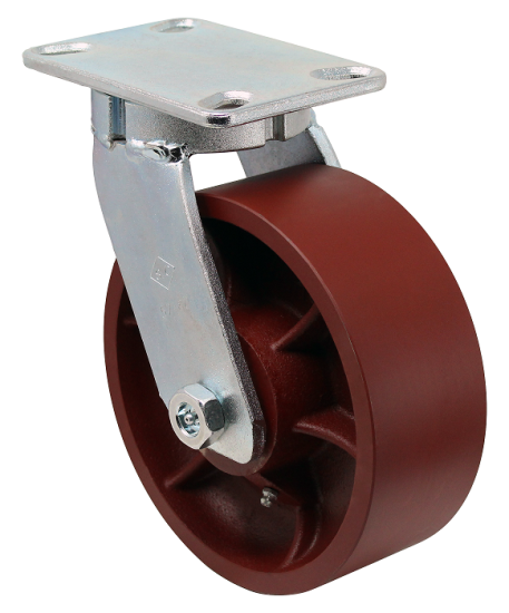 (image for) Caster; Swivel; 6" x 3"; Ductile Steel; Plate (5-1/4"x7-1/4"; holes: 3-3/8"x5-1/4" slots to 4-1/8"x6-1/8"); Bronze Spanner; 6000#; High Temp; Kingpinless (Item #63193)