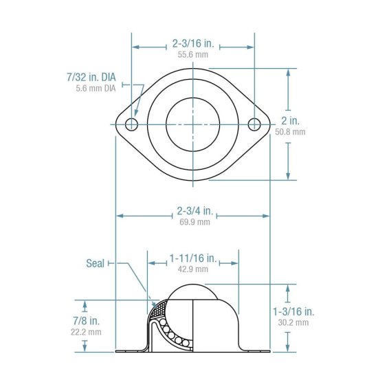 (image for) Ball Transfer; 1"; Stainless Steel Ball and Housing; Flange (2"x2-3/4"; 2-hole spacing: 2-3/16"; 3/16" bolt); 75#; 1-3/16" load height (Item #89352)