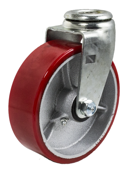 (image for) Caster; Swivel; 6" x 2"; PolyU on Cast Iron (Usu Red or Green); Hollow Kingpin (1/2" bolt hole); Zinc; Roller Brng; 400# (Item #64200)