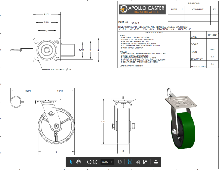 (image for) Caster; Swivel; 6" x 2"; PolyU on Cast Iron; Plate (4"x4-1/2"; holes: 2-5/8"x3-5/8" slotted to 3"x3"; 3/8" bolt); Zinc; Roller Brng;1200#; Position Lock (Item #66034)