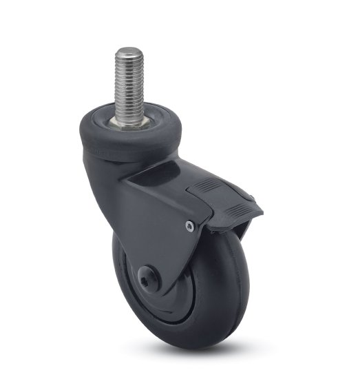 (image for) Caster; Swivel; 3" x 15/16"; Rubber (Soft; non-marking); Threaded Stem (1/2"-13TPI x 1-1/2"); Black; Precision Ball Brng; 110#; Pedal brake; Thread guards (Item #65476)