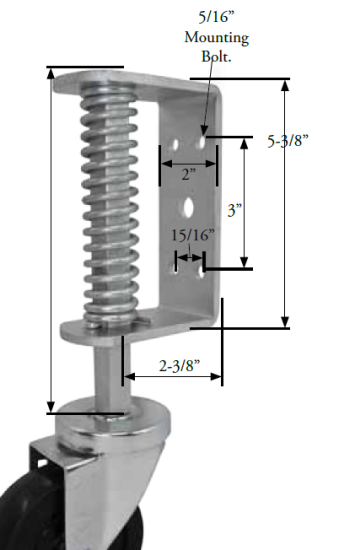 (image for) Gate Caster Bracket (2"x5-3/8"; holes 15/16"x3" apart); Accepts 7/16" Grip Ring stem caster; Max 5" wheel; 230# to full spring compression. 2" of movement. (Item #88470)