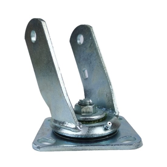 (image for) Yoke; Swivel; 6" x 2"; Plate; 4"x4-1/2"; holes: 2-5/8"x3-5/8" (slots to 3"x3"); 3/8" bolt; Zinc; 1250#; 1/2" axle bore (Item #89620)