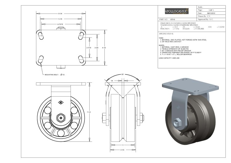 (image for) Caster; Rigid; 6" x 3"; V-Groove (7/8) Cast Iron; Plate (4-1/2"x6-1/4"; holes: 2-7/16"x4-15/16" slotted to 3-3/8"x5-1/4"; 1/2" bolt); Zinc; Roller Brng; 2400# (Item #66467)